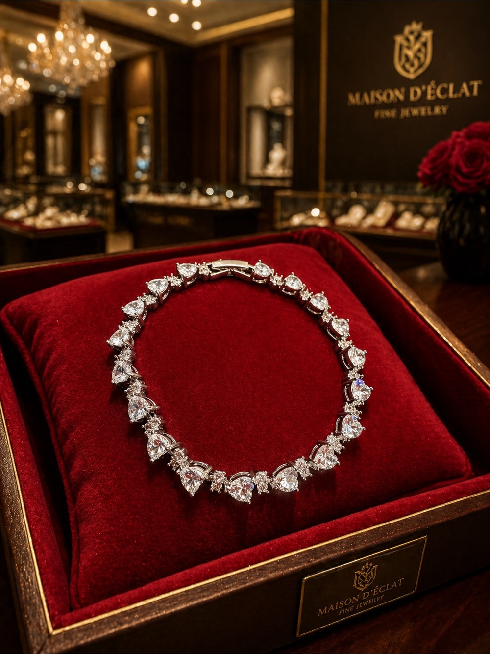 Rhodium Plated Heart Shaped Genuine White Zircon Bracelet size 7